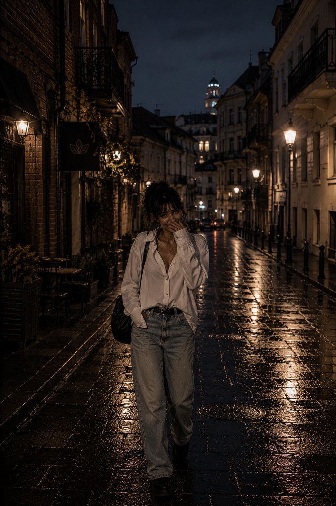 A woman walking through rainy London streets at night with blurred lights and midnight elegance