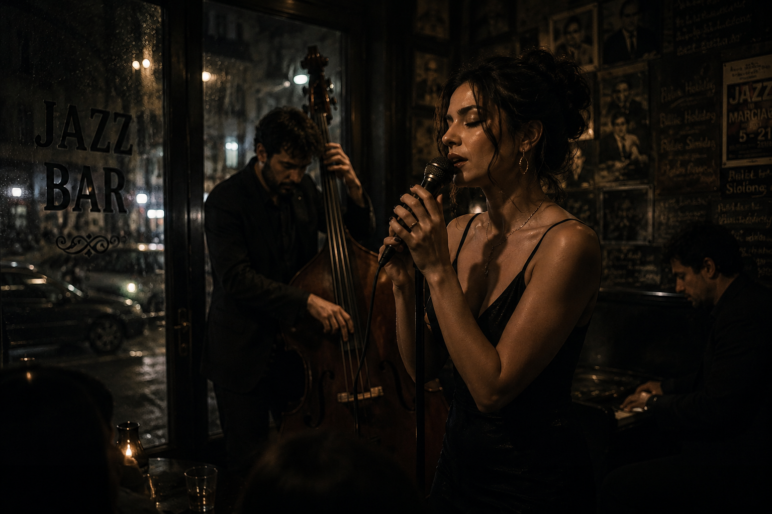 Dim jazz bar interior with warm amber light and soft shadows