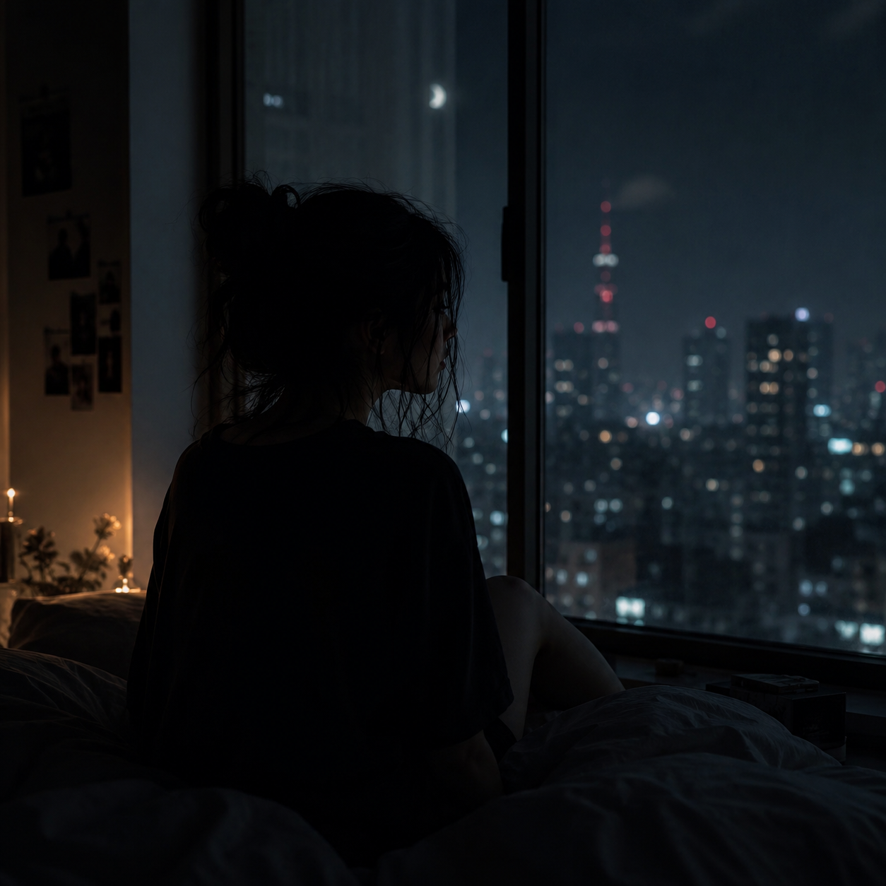 A single lit window in a dark building at midnight